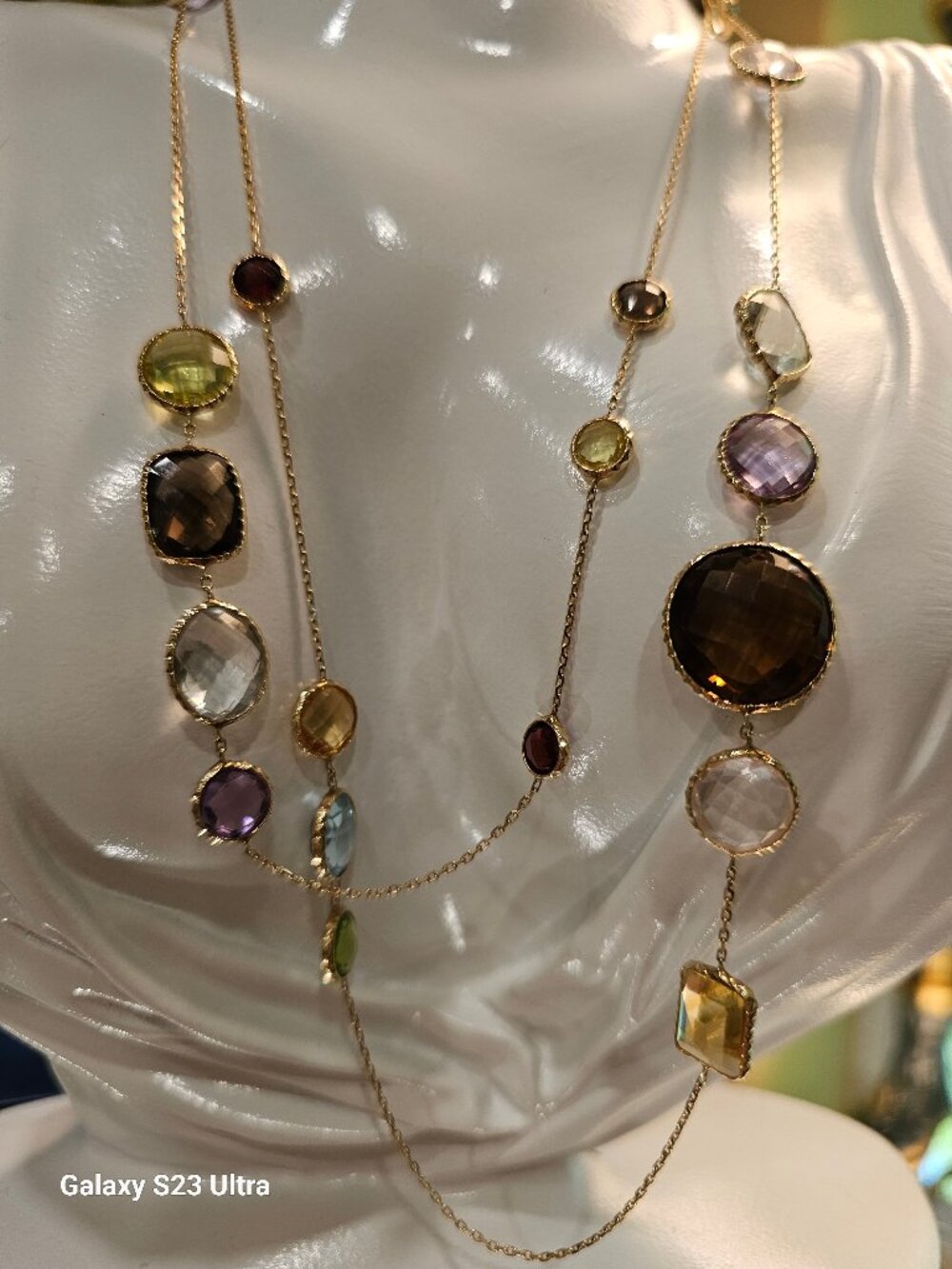 14K YG 36" Bezel Set Multi Gemstone Necklace Sonia Bitton Galerie De Bijoux